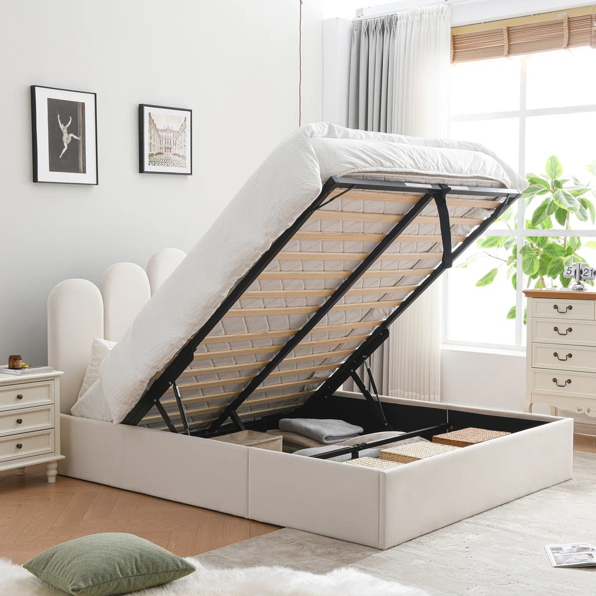 FRIENDS LIFE Velvet Palm shaped Headboard Full Bed Frame with Lift Up Storage, No Box Spring Needed, Cream