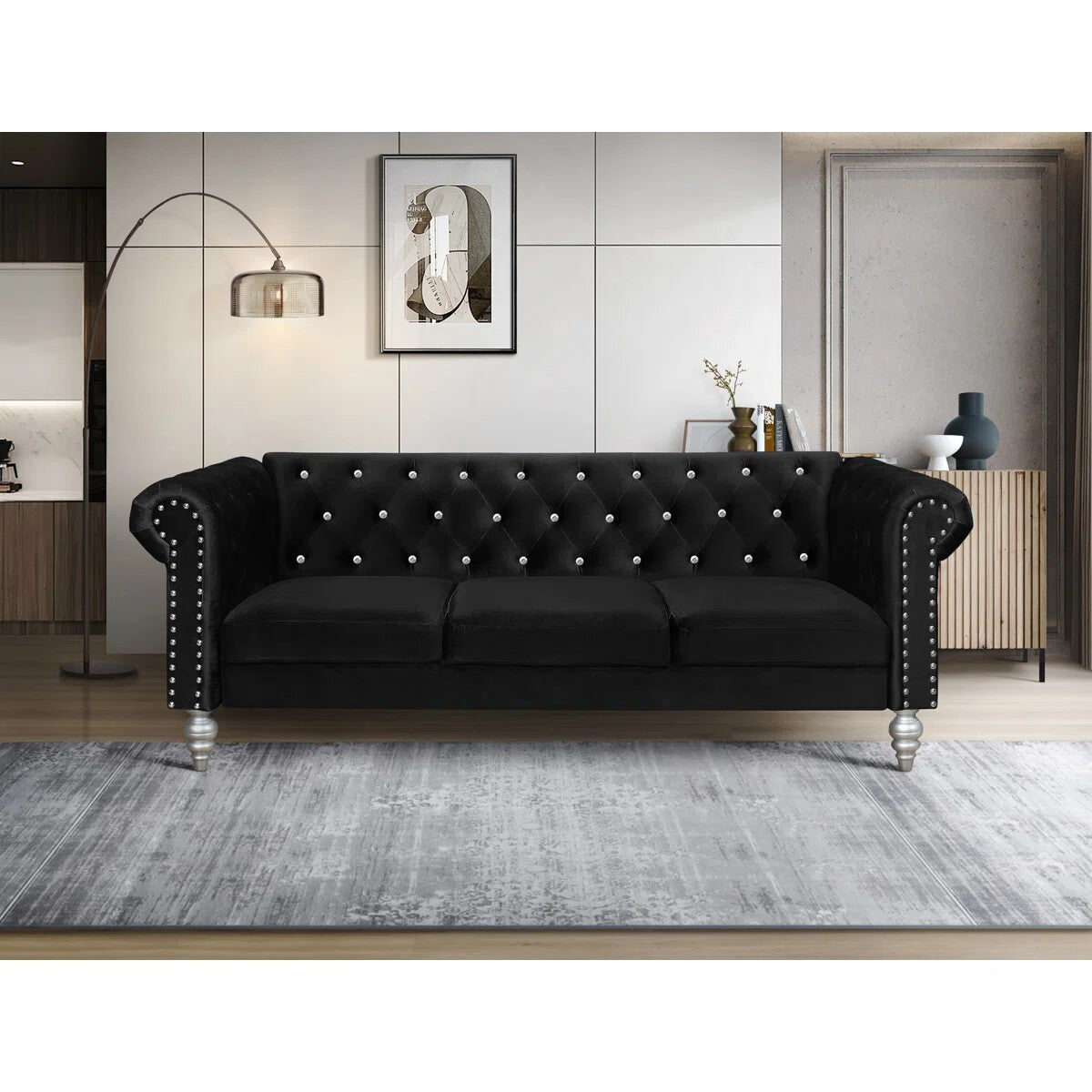 Jabarion Classic Tuxedo Design Sofa | Loveseat with Armrest, Removable Cushions and Wood Legs – Black Living Room Sofa