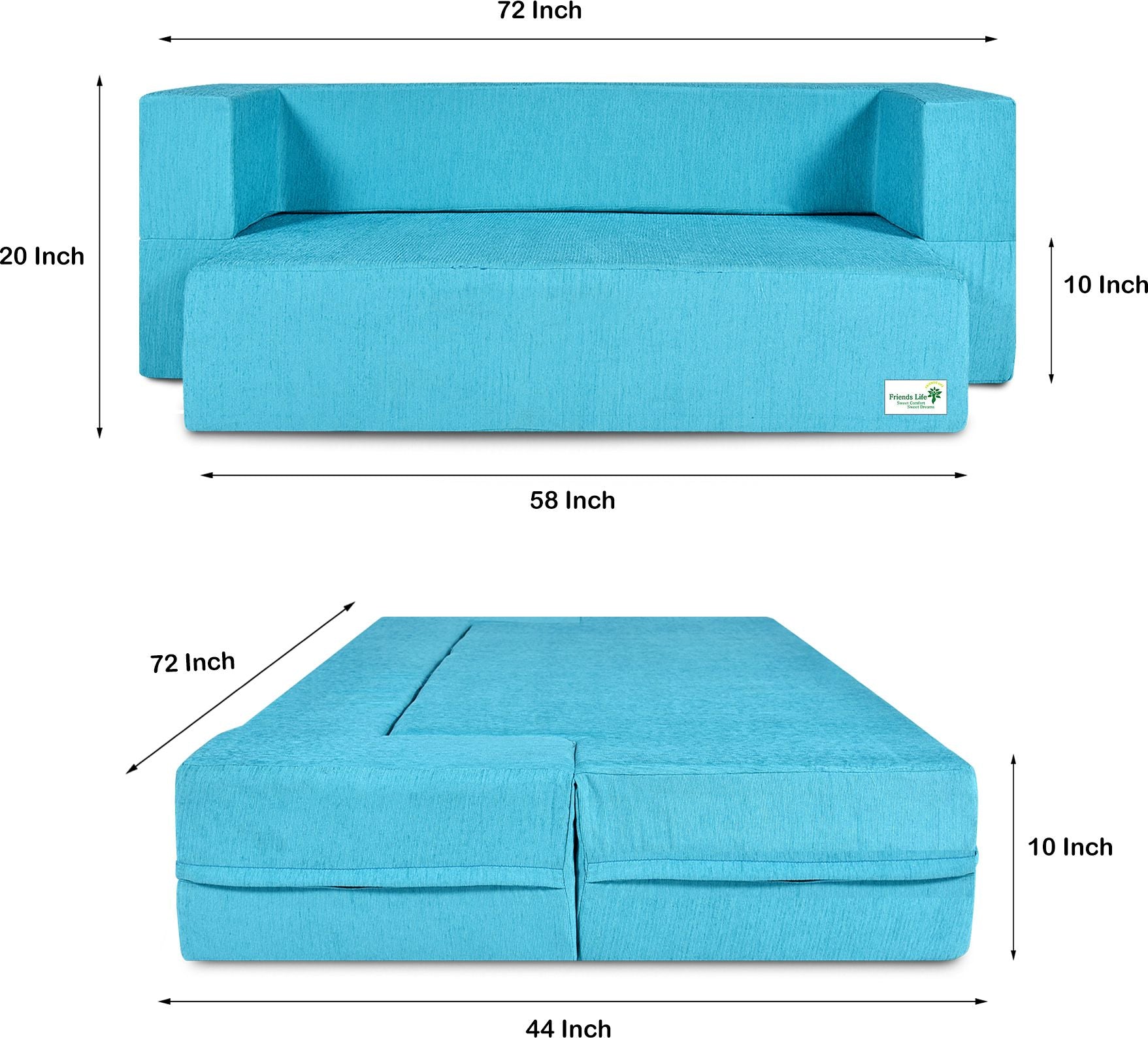 FRIENDS LIFE 4 Seater Sofa Cum Bed | 1 Years Warranty | Foldable Sofa cuma Bed 4 Pillow | Jute Finish Fabric, Blue Comfort for All Sofa Cum Bed for Living Room & Guests (N-CA03)