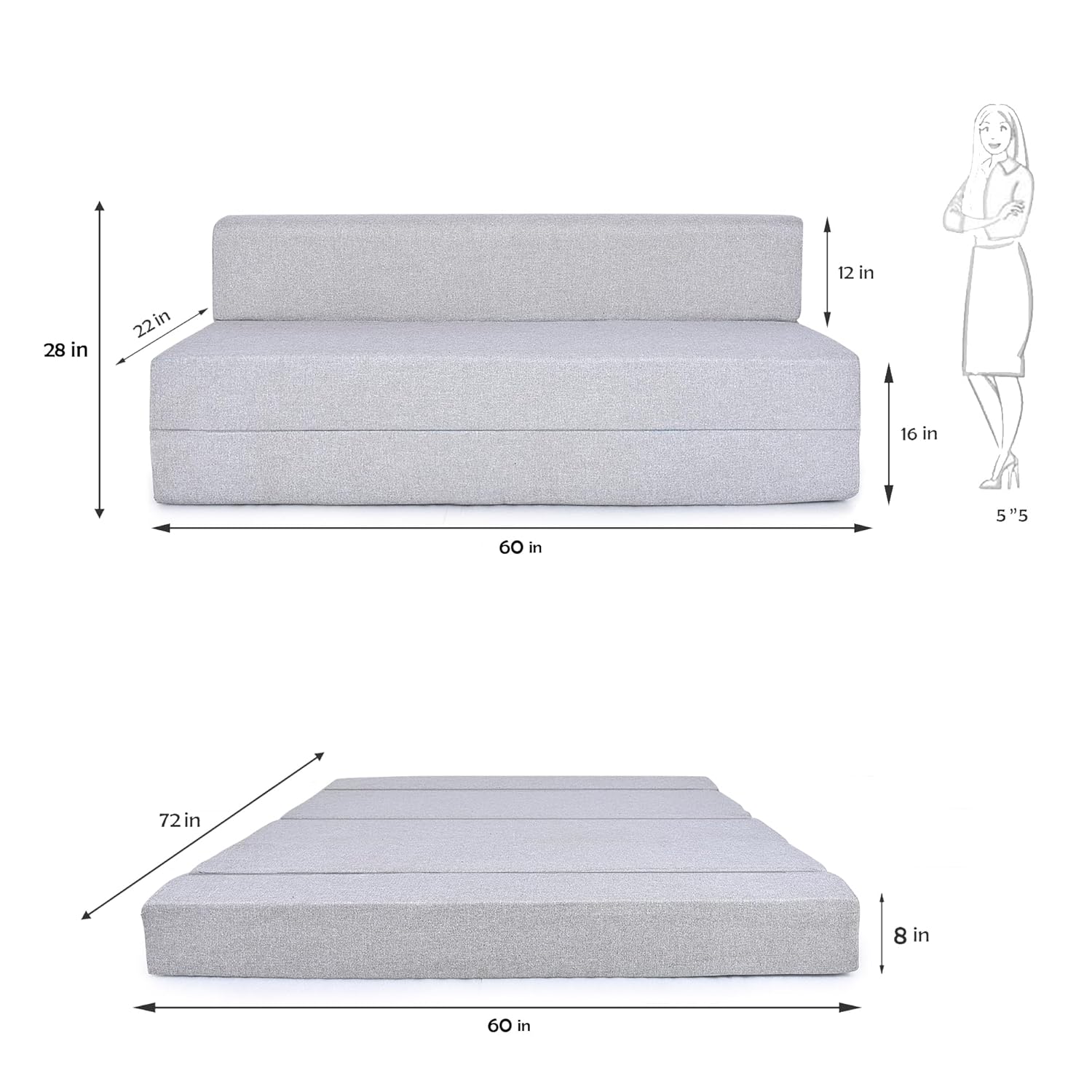 FRIENDS LIFE 5X6 Sofa Cum Bed for 3 Person 3 Seater Double Fold Out Sofa Cum Bed Color -Silver Jute