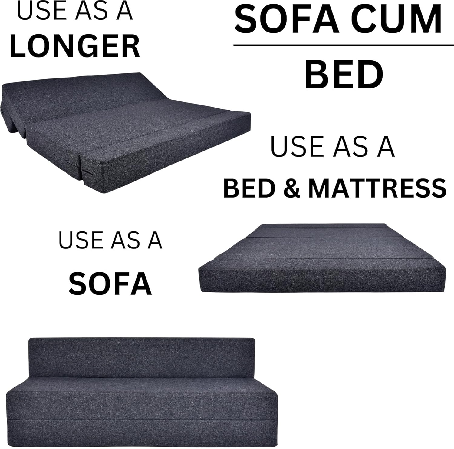 Seater Sofa Cum Bed | 1 Years Warranty | Foldable Sofacum Bed | 3 Pillow Jute Finish Fabric, Grey (6X6) inches Comfort for All Sofa Cum Bed for Living Room & Guests (N-FA03)