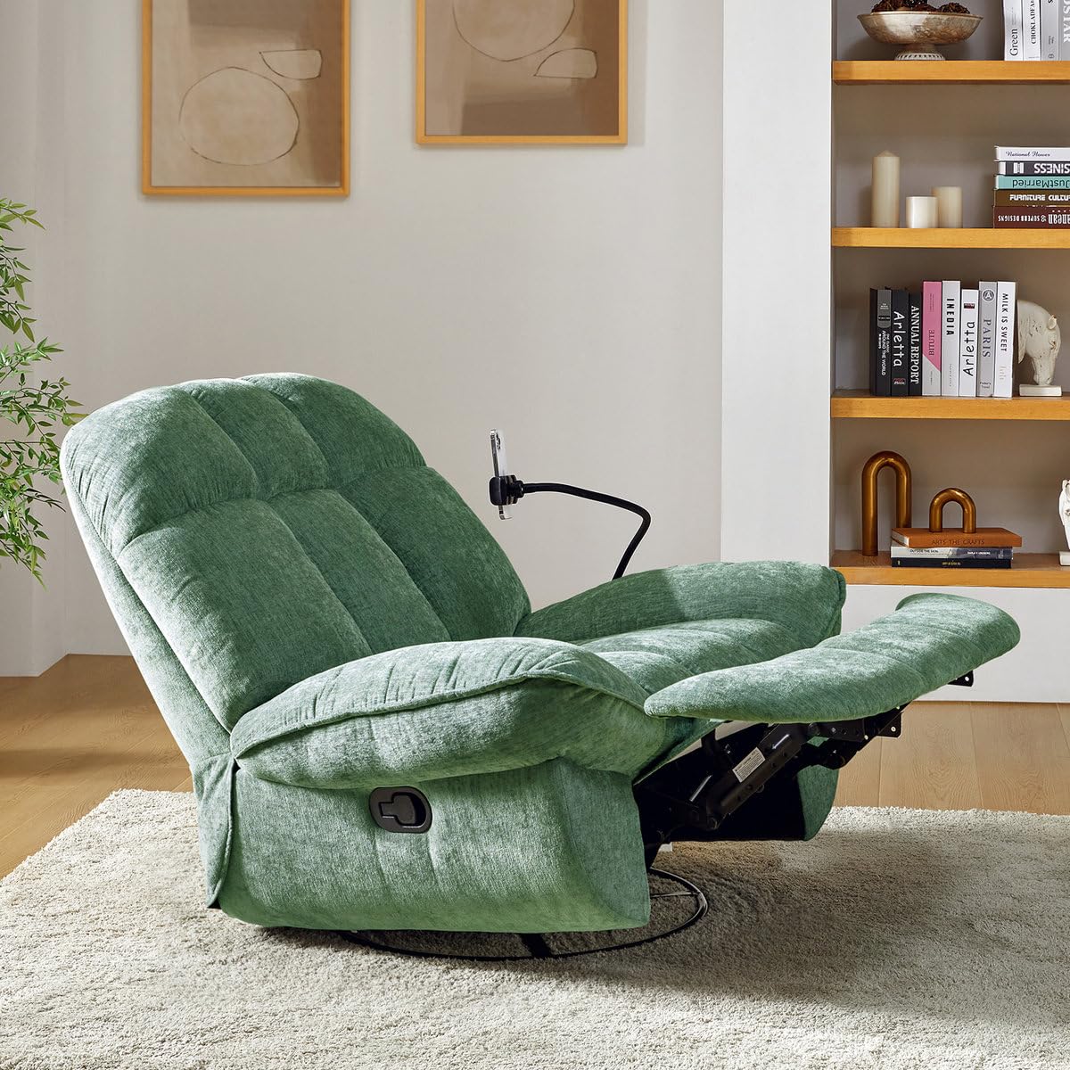 Recliner Sofa 1 Seater Jace Modern Upholstered Manual Swivel Rocker Recliner with Phone Holder Color Green