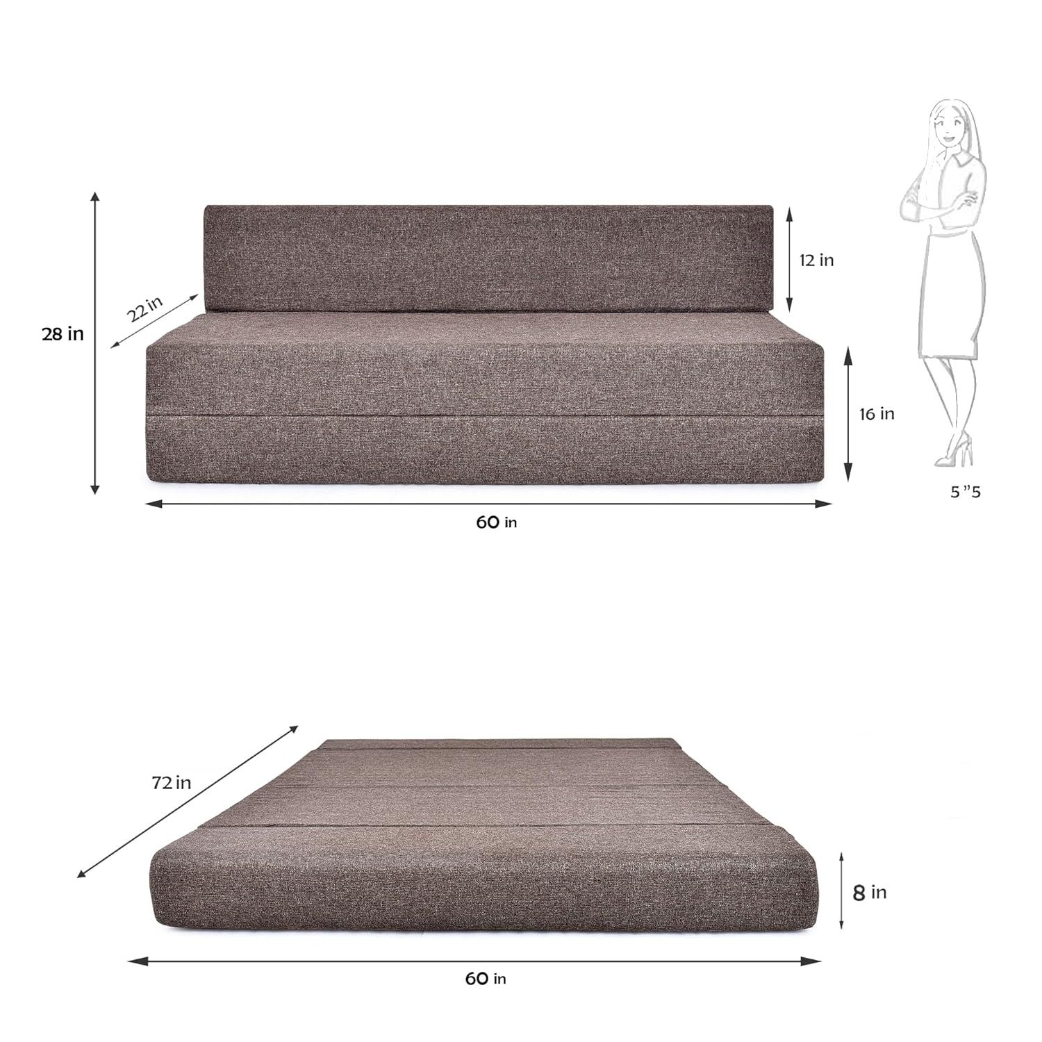 FRIENDS LIFE 5X6 Sofa Cum Bed for 3 Person 3 Seater Double Fold Out Sofa Cum Bed Color -Jute Coffee