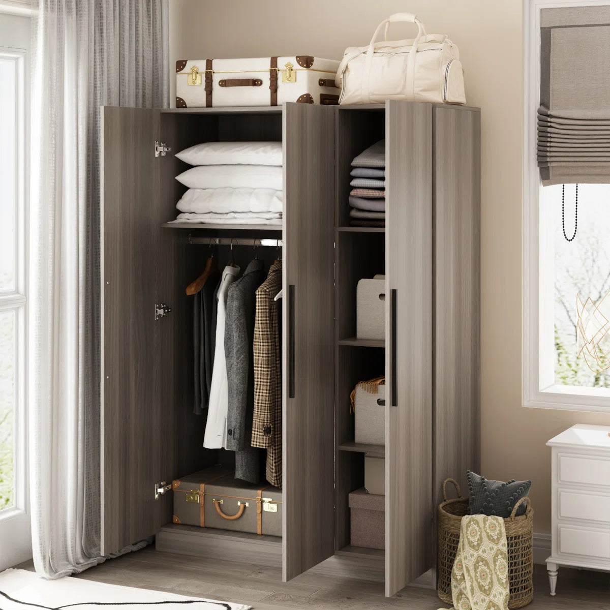 FRIENDS LIFE Modern Freestanding Wardrobe with Hanging Rod and Storage Compartments for Bedroom