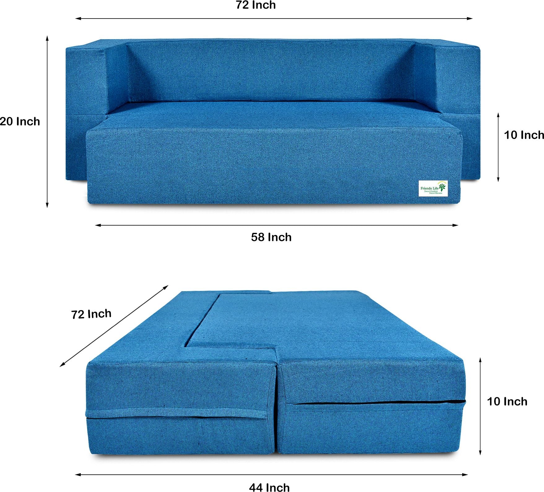FRIENDS LIFE 4 Seater Sofa Cum Bed | 1 Years Warranty | Foldable Sofa Cuma Bed | 4 Pillow | Jute Finish Fabric, Blue Comfort for All Sofa Cum Bed for Living Room & Guests (N-CA11)