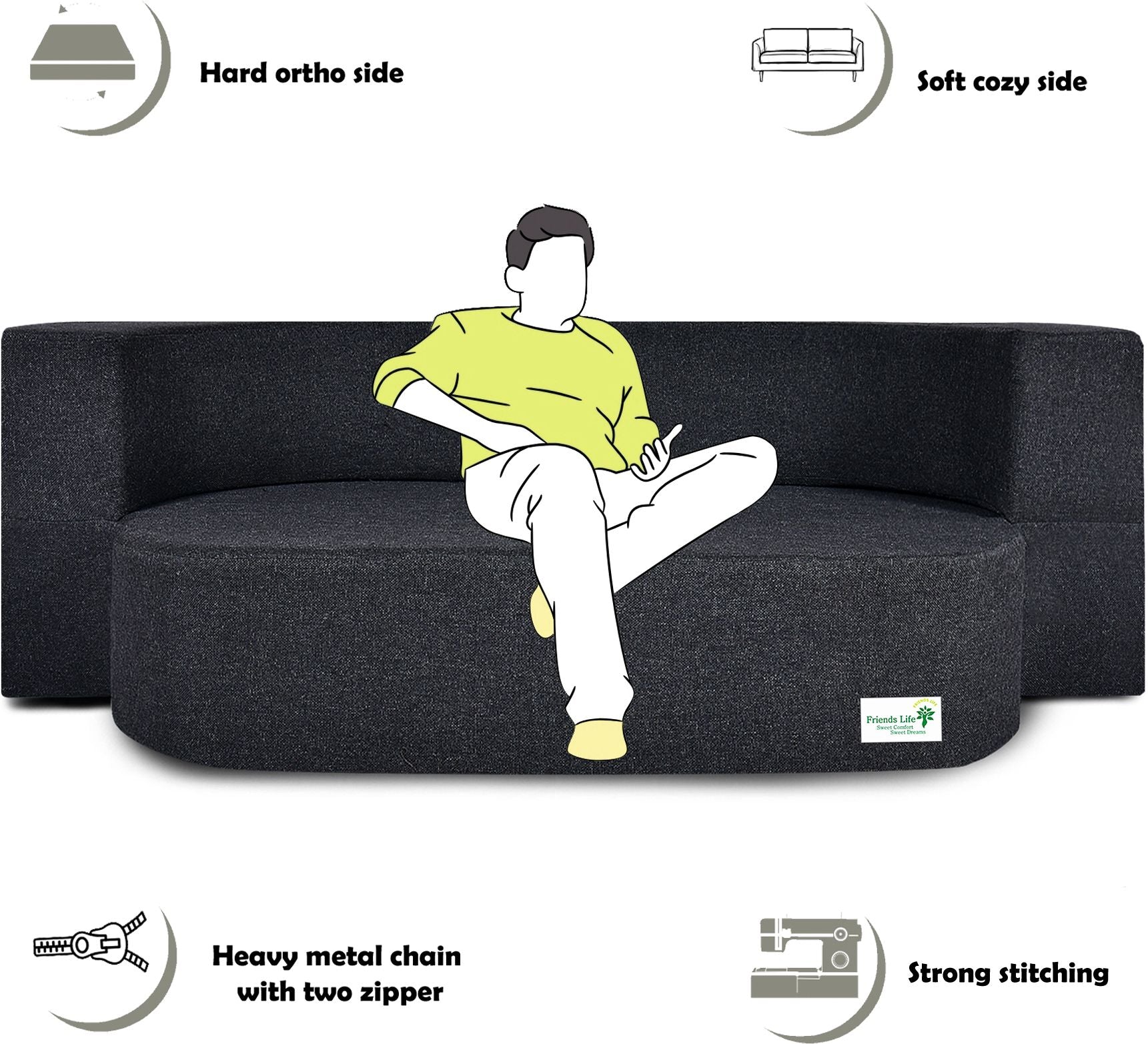 FRIENDS LIFE 3 Seater Fabric Sofa Cum Bed with Washable Cover and 3 Cushions Pillows | Foldable Sofa Cum Bed with 1 Year Warranty Perfect for Home Office Guests Living Room (CA62, 3 Seater)