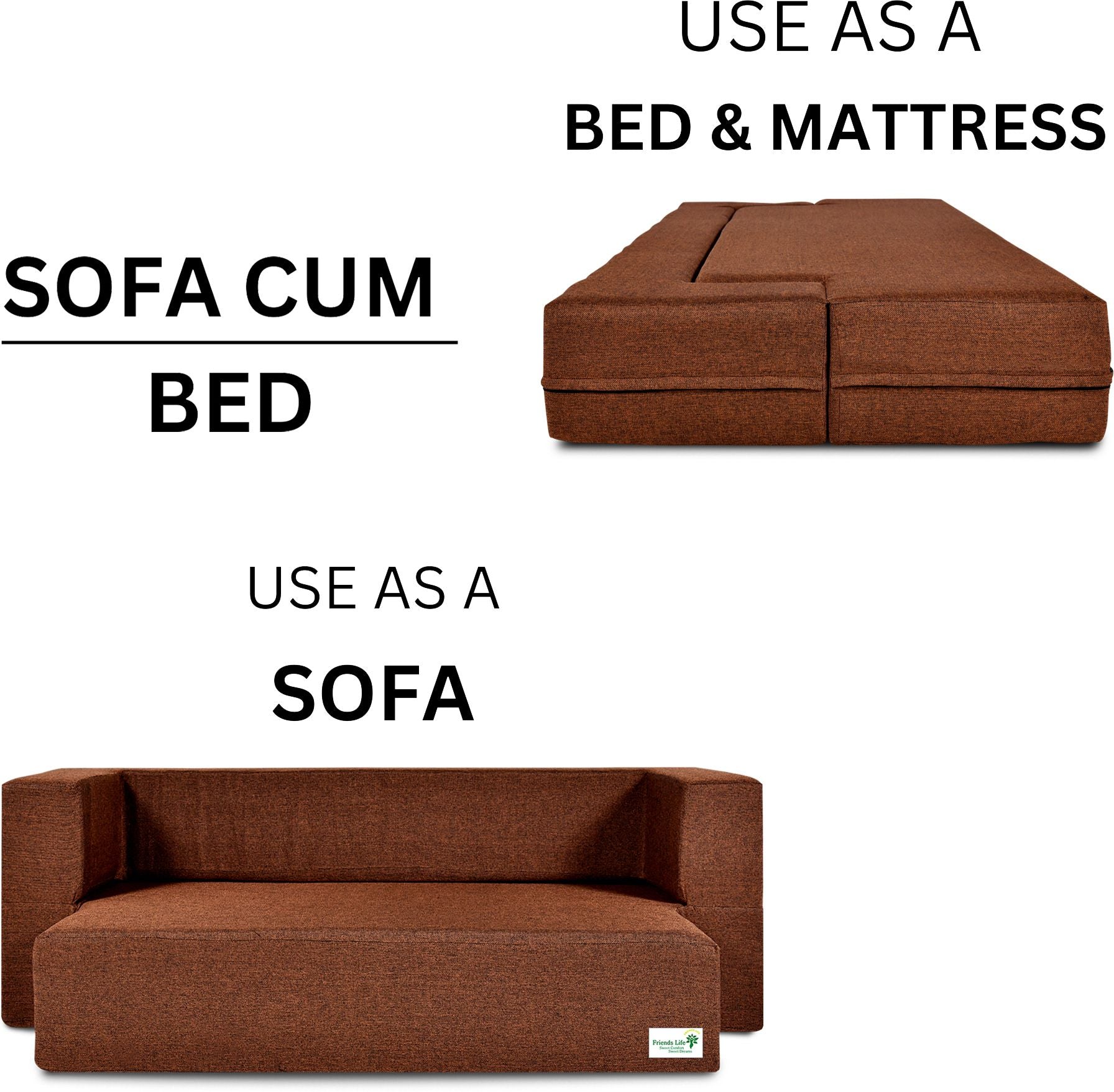 FRIENDS LIFE Sofa Cum Bed | 1 Years Warranty | Foldable Sofa cuma Bed | Jute Finish Fabric, Brown (44X10X72) inches Comfort for All Sofa Cum Bed for Living Room & Guests (N-CA25)