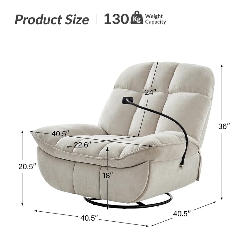 Jace Recliner Sofa 1 Seater 360° Swivel and Rock Modern Upholstered Manual Swivel and Rocker Recliner with Phone Holder Color Beige