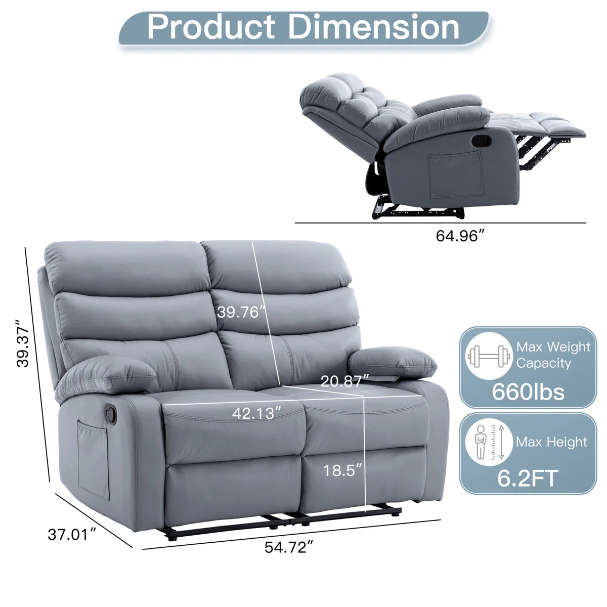 Loveseat Recliner Sofa 2 Seater Reclining Chair with Footrest Color Cream White (Grey)