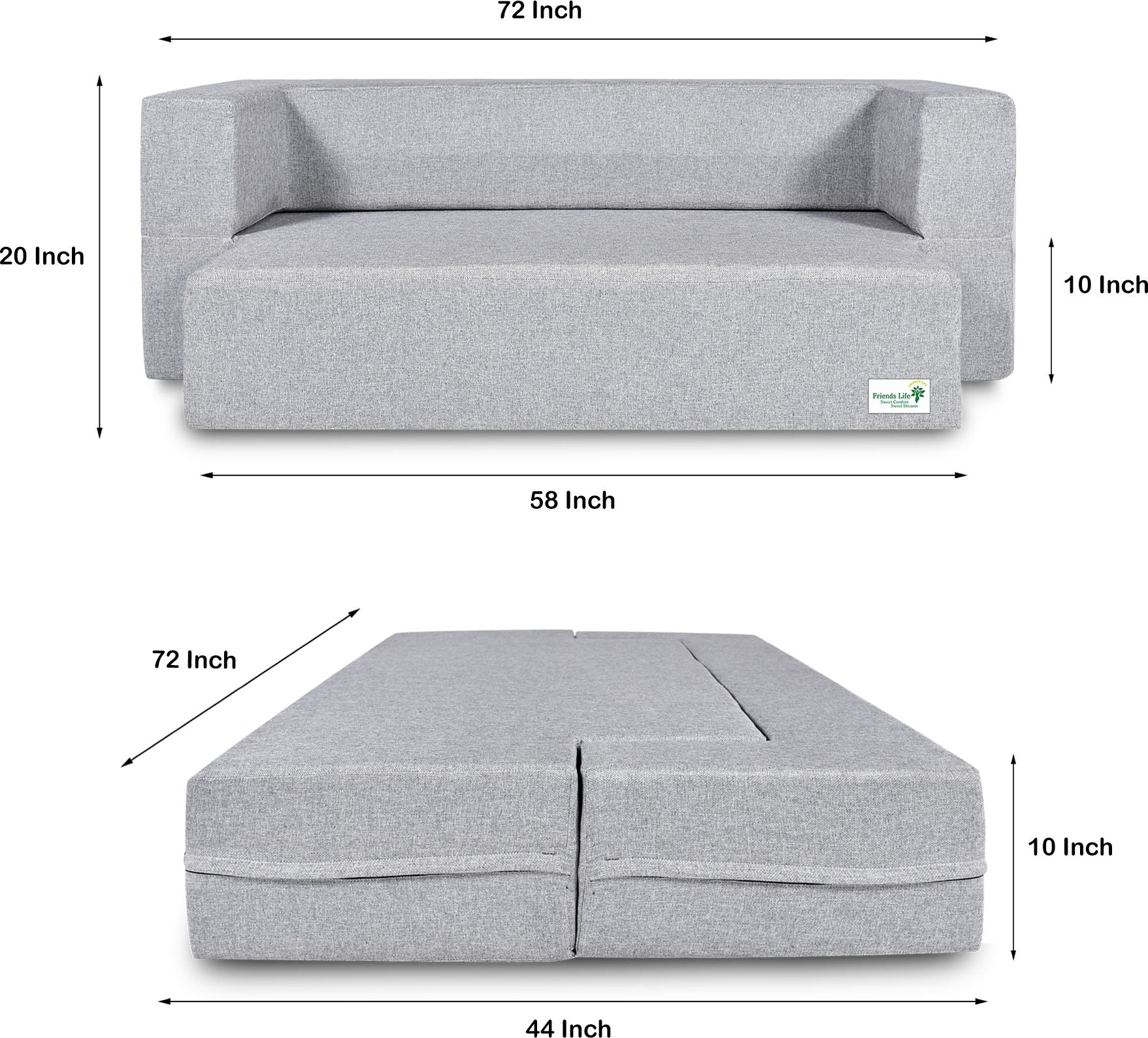 FRIENDS LIFE 4 Seater Sofa Cum Bed | 1 Years Warranty | Foldable Sofacum Bed 4 Pillow | Jute Finish Fabric, Silver Comfort for All Sofa Cum Bed for Living Room & Guests (N-CA29)