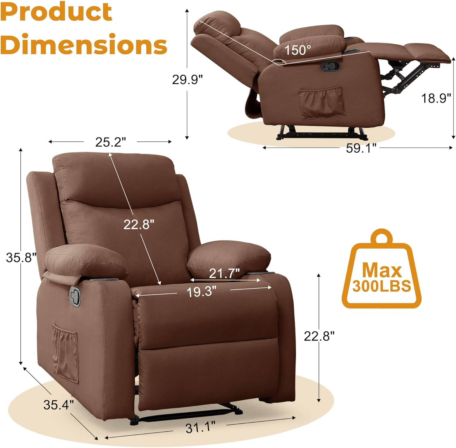Recliner Sofa 1 Seater | Small Recliners for Small Spaces, Manual Recliner with Cup Holders and Side Pockets, Chairs for Living Room, Bedroom, Nursery, Brown