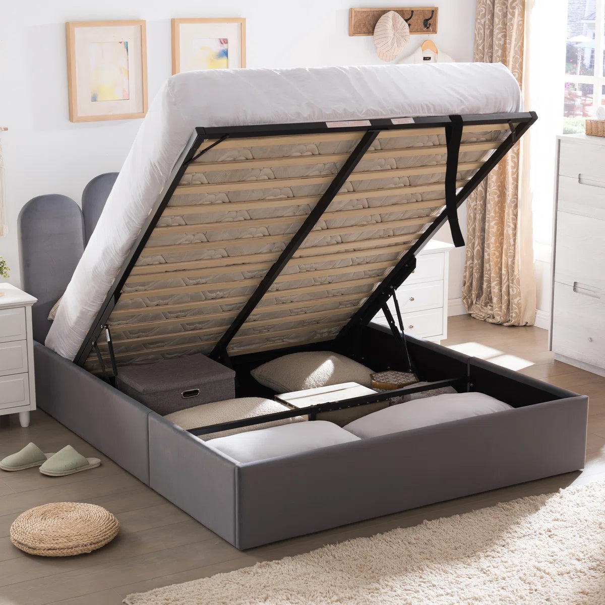 FRIENDS LIFE Velvet Palm shaped Headboard Full Bed Frame with Lift Up Storage, No Box Spring Needed, Gray