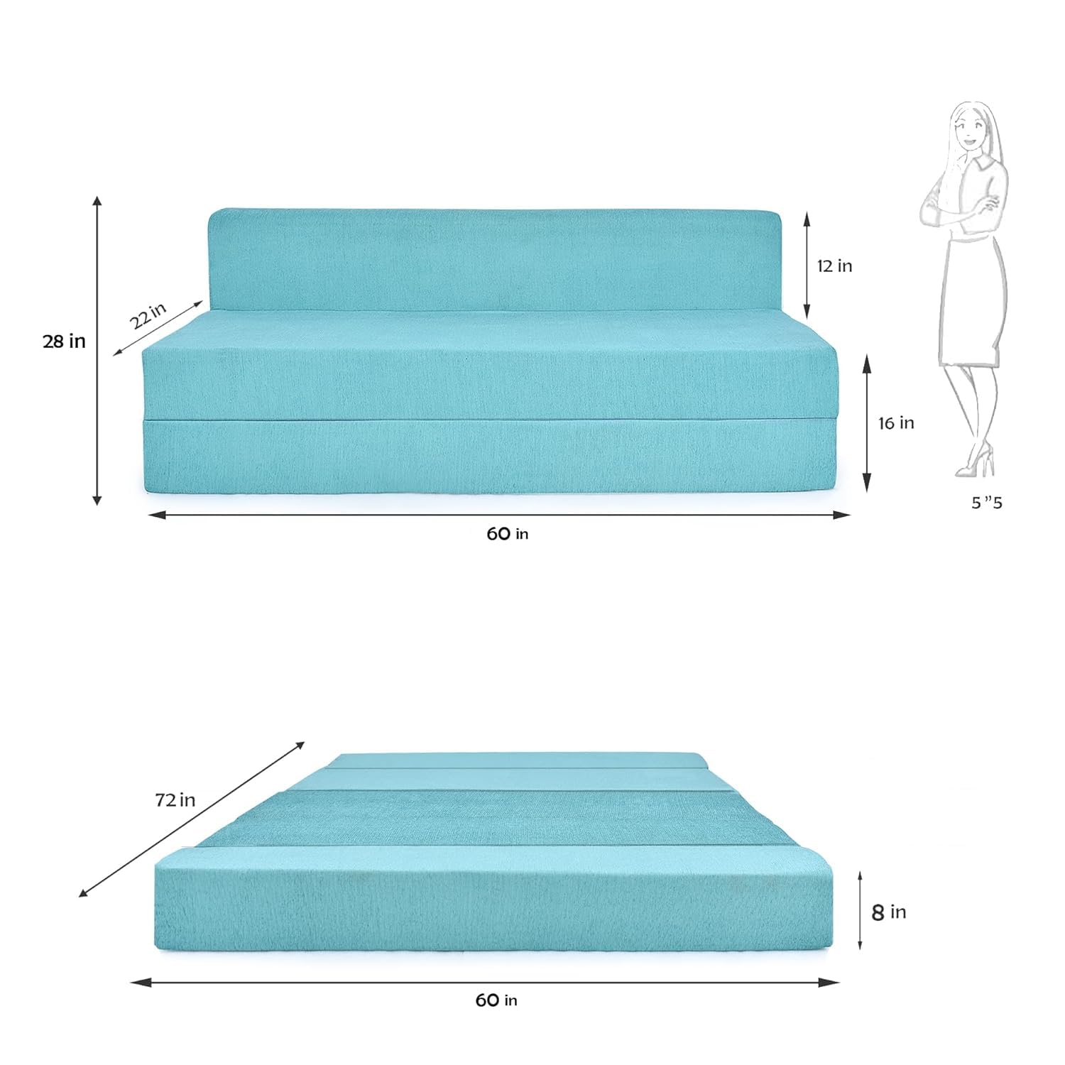FRIENDS LIFE 5X6 Sofa Bed for 3 Person 3 Seater Double Fold Out Sofa Cum Bed Color -Sky Moshi Blue