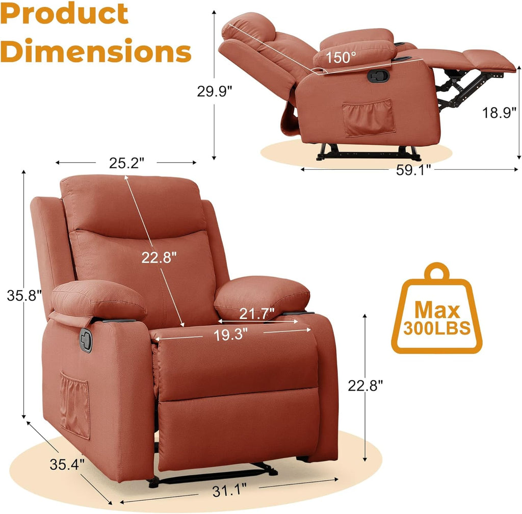 Sofa Recliner 1 Seater | Small Recliners for Small Spaces, Manual Recliner with Cup Holders and Side Pockets, Chairs for Living Room, Bedroom, Nursery, Red