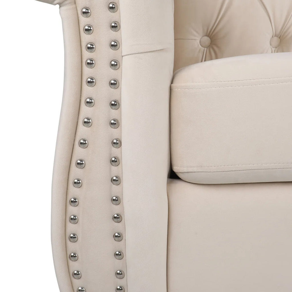 Adedapo Classic Tuxedo Design Sofa 3 Seater | Loveseat with Armrest, Cushions and Wood Legs – Beige Living Room Sofa