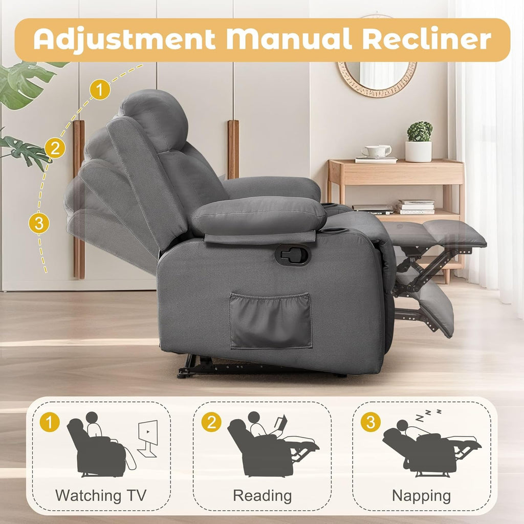 Recliner Chair | Small Recliners for Small Spaces, Manual Recliner with Cup Holders and Side Pockets, Chairs for Living Room, Bedroom, Nursery