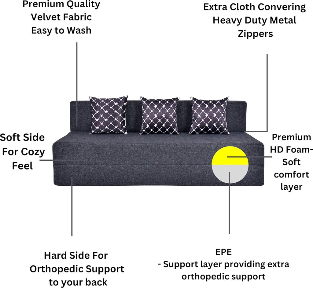 Seater Sofa Cum Bed | 1 Years Warranty | Foldable Sofacum Bed | 3 Pillow Jute Finish Fabric, Grey (6X6) inches Comfort for All Sofa Cum Bed for Living Room & Guests (N-FA03)