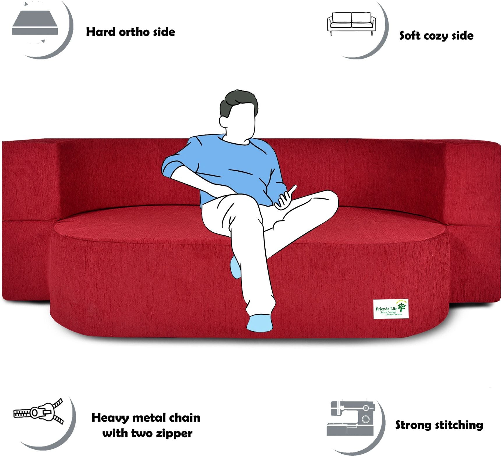 FRIENDS LIFE 3 Seater Sofa Cum Bed with Washable Cover and 3 Cushions/Pillows | Foldable Sofa Cum Bed with 1 Year Warranty Perfect for Home Office Guests Living Room (CA57, 3 Seater)