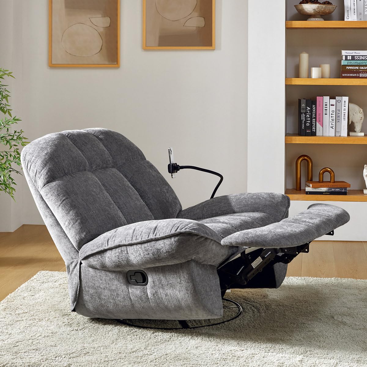 Recliner Sofa 1 Seater Jace Modern Upholstered Manual Swivel Rocker Recliner with Phone Holder Color Gray