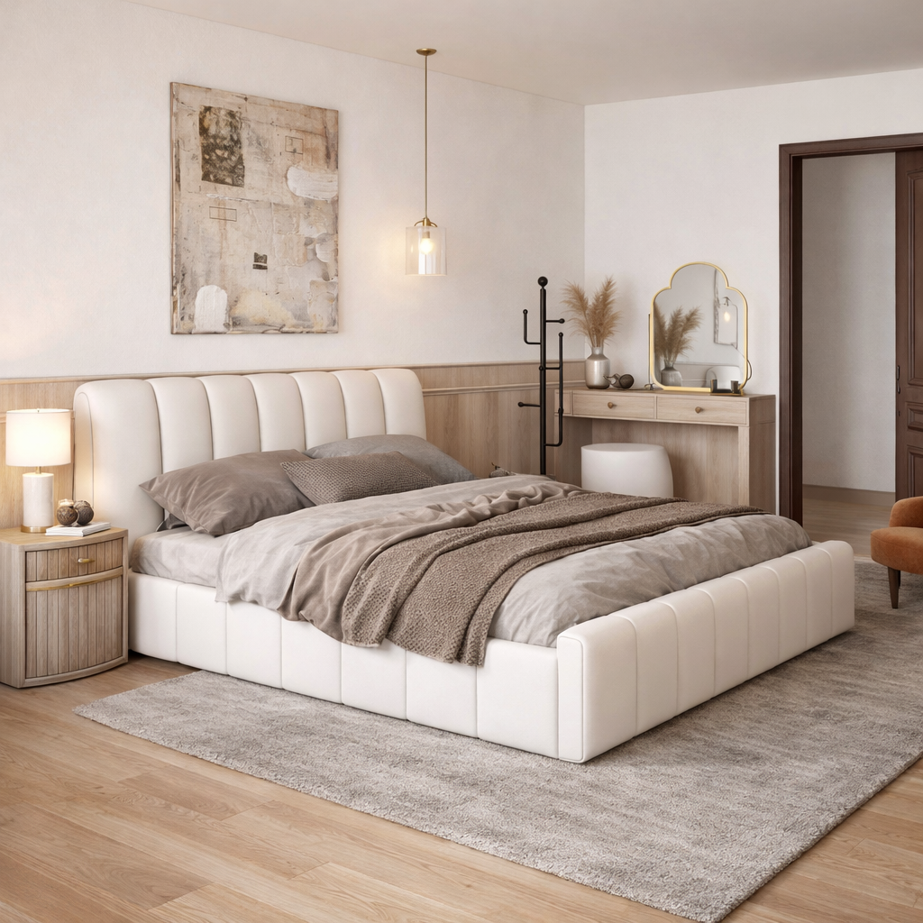 Modern Leather Wingback King Bed Frame with Upholstered Headboard