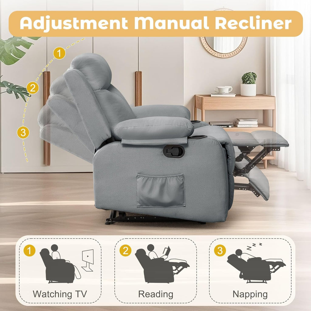 Recliner Chair | Small Recliners for Small Spaces, Manual Recliner with Cup Holders and Side Pockets, Chairs for Living Room, Bedroom, Nursery, SmokeyGrey