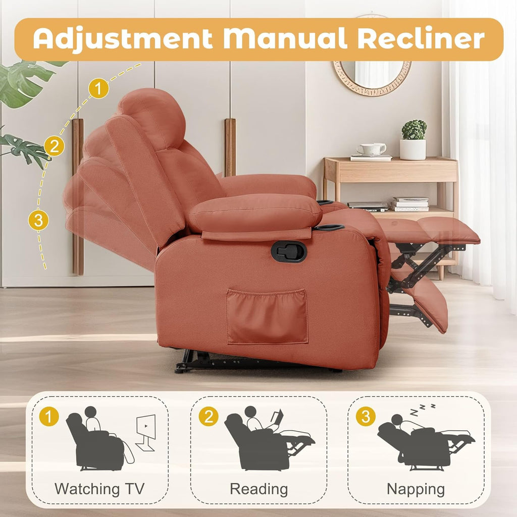 Sofa Recliner 1 Seater | Small Recliners for Small Spaces, Manual Recliner with Cup Holders and Side Pockets, Chairs for Living Room, Bedroom, Nursery, Red