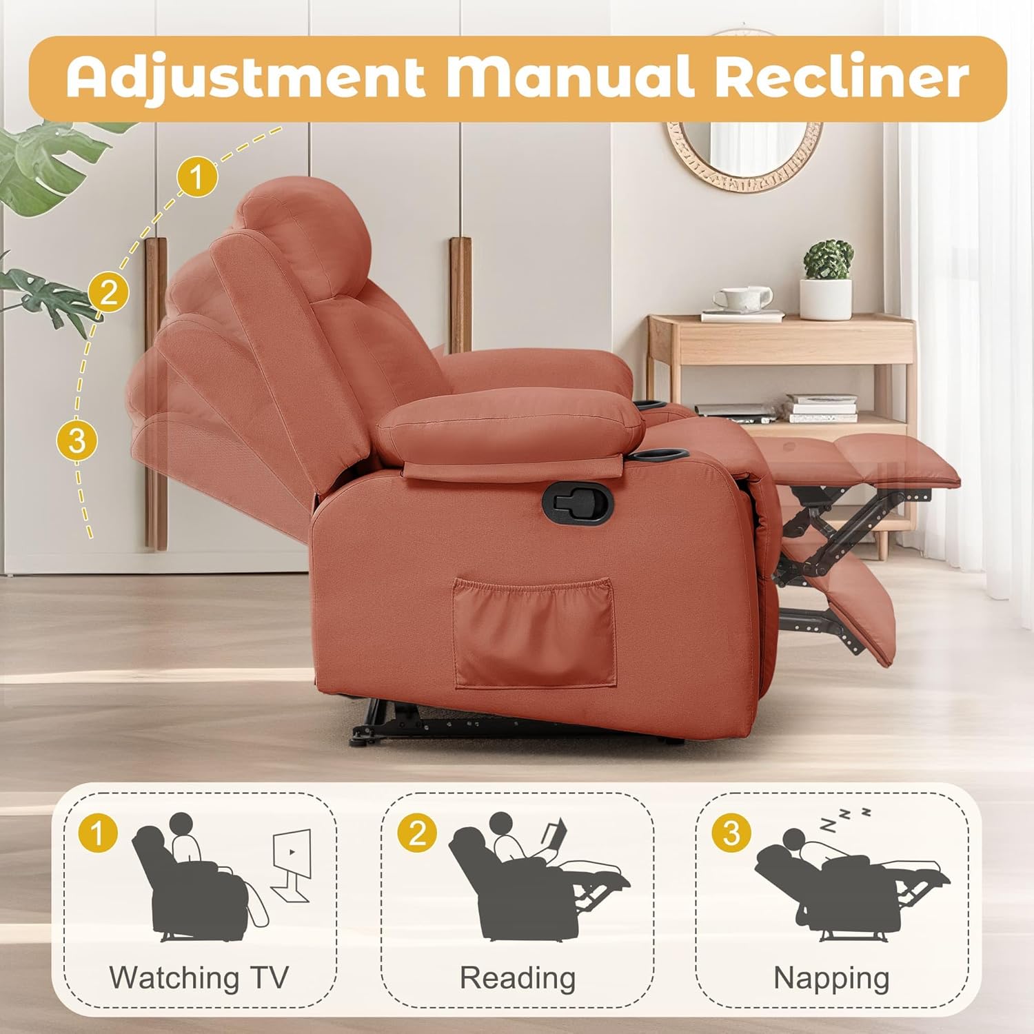 Sofa Recliner 1 Seater | Small Recliners for Small Spaces, Manual Recliner with Cup Holders and Side Pockets, Chairs for Living Room, Bedroom, Nursery, Red