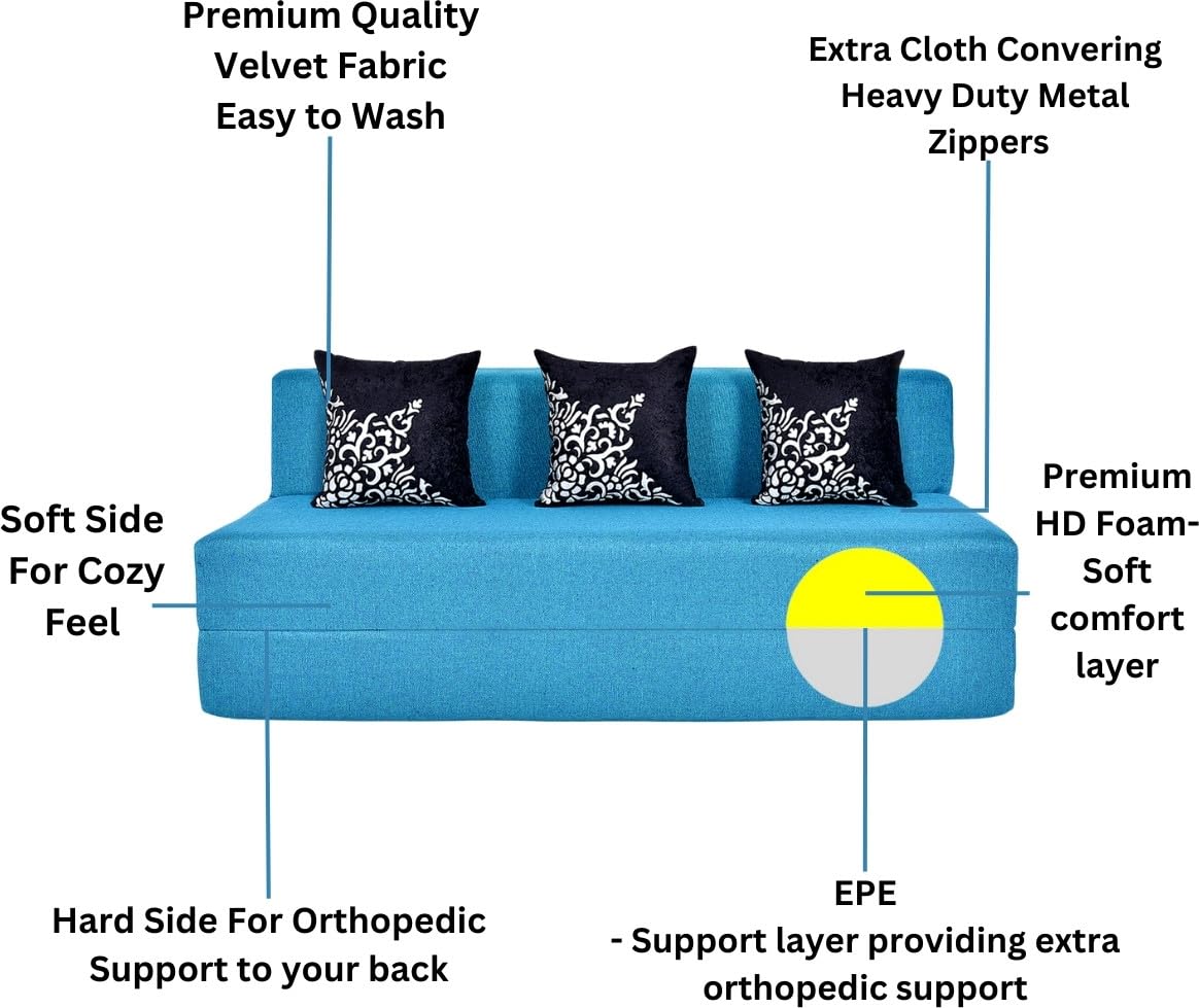 3 Seater Sofa Cum Bed | 1 Years Warranty | Foldable Sofacum Bed | 3 Pillow Jute Finish Fabric, Blue (5X6) inches Comfort for All Sofa Cum Bed for Living Room & Guests (N-FA027)