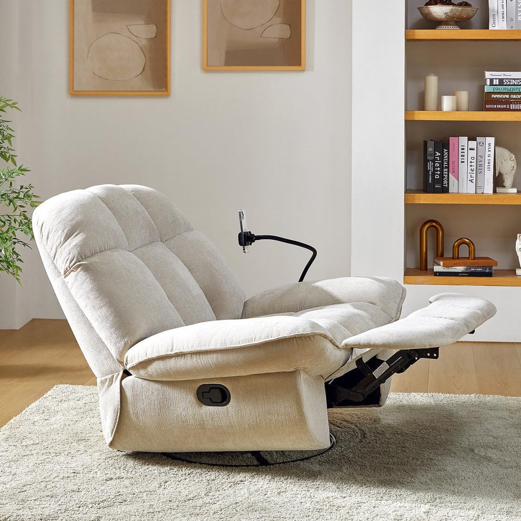 Jace Recliner Sofa 1 Seater 360° Swivel and Rock Modern Upholstered Manual Swivel and Rocker Recliner with Phone Holder Color Beige