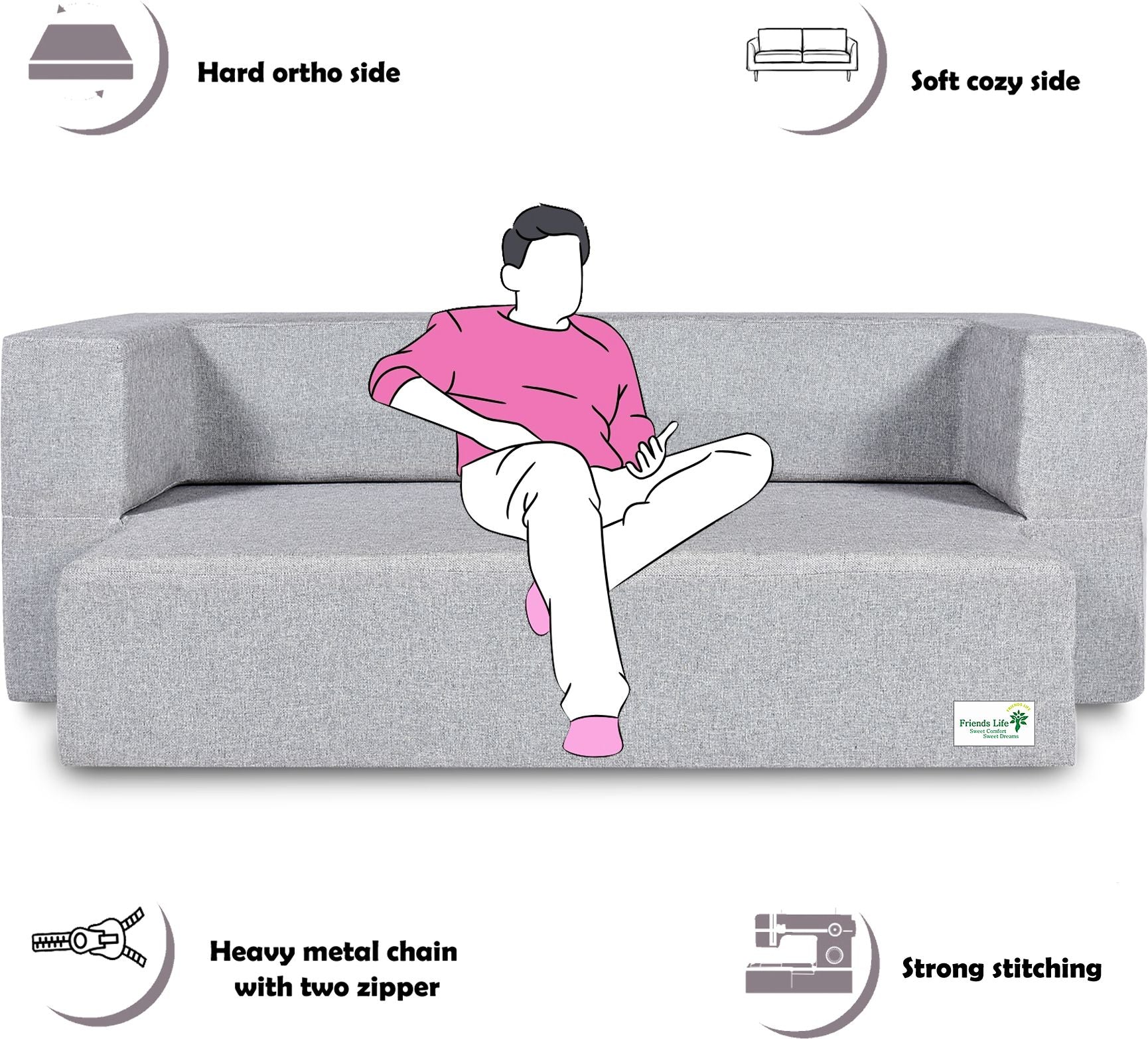 FRIENDS LIFE 4 Seater Sofa Cum Bed | 1 Years Warranty | Foldable Sofacum Bed 4 Pillow | Jute Finish Fabric, Silver Comfort for All Sofa Cum Bed for Living Room & Guests (N-CA29)