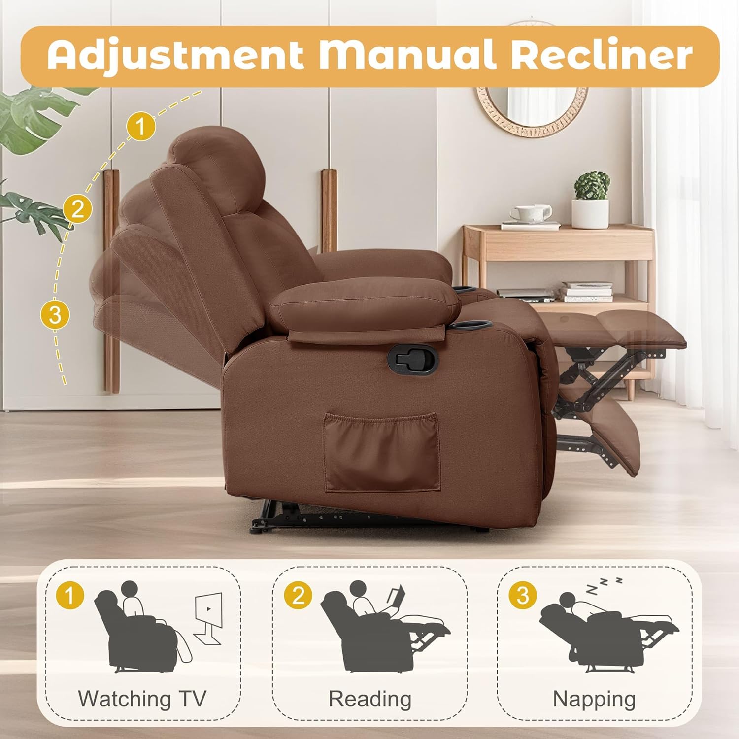 Recliner Sofa 1 Seater | Small Recliners for Small Spaces, Manual Recliner with Cup Holders and Side Pockets, Chairs for Living Room, Bedroom, Nursery, Brown