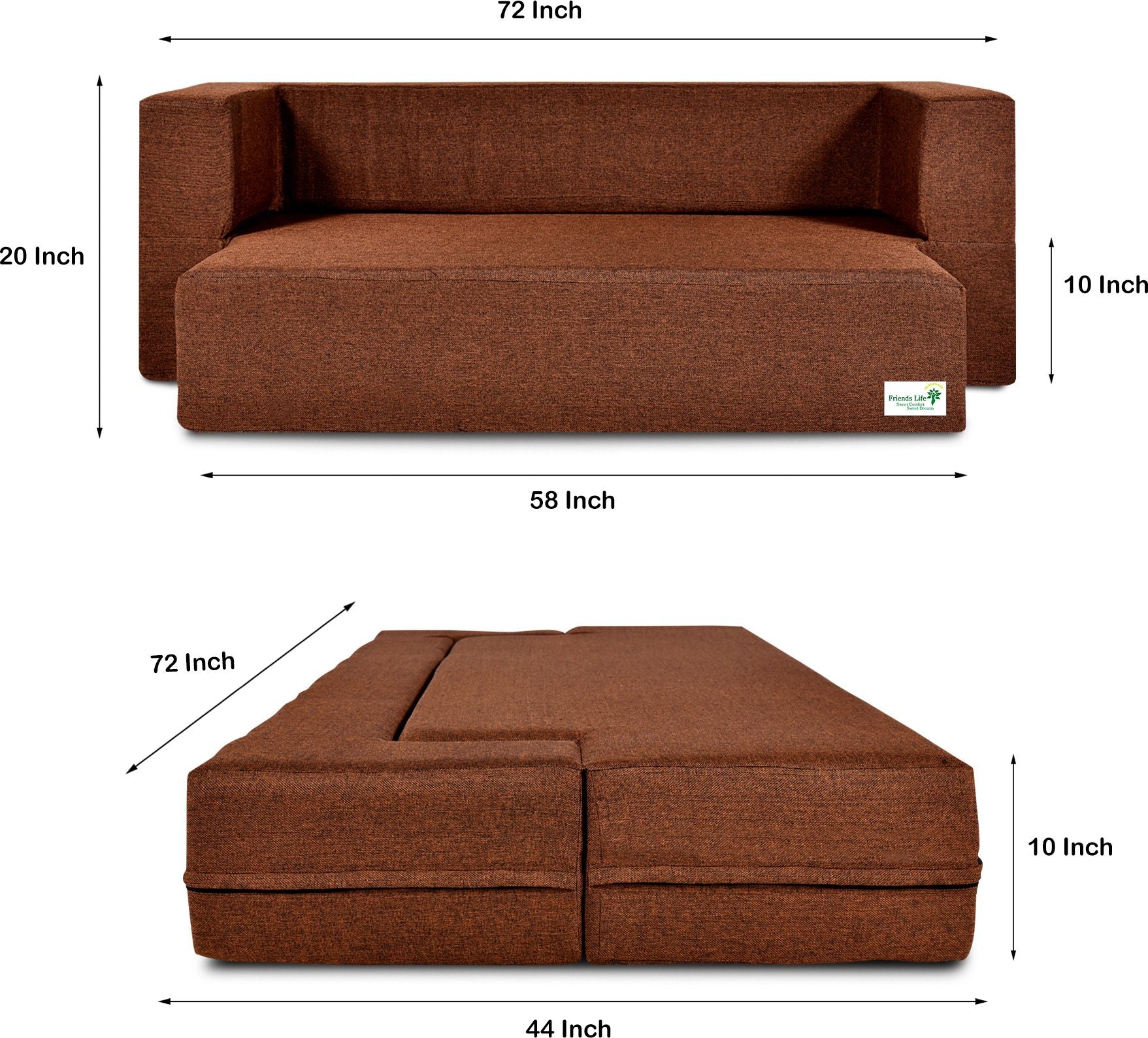 FRIENDS LIFE Sofa Cum Bed | 1 Years Warranty | Foldable Sofa cuma Bed | Jute Finish Fabric, Brown (44X10X72) inches Comfort for All Sofa Cum Bed for Living Room & Guests (N-CA25)