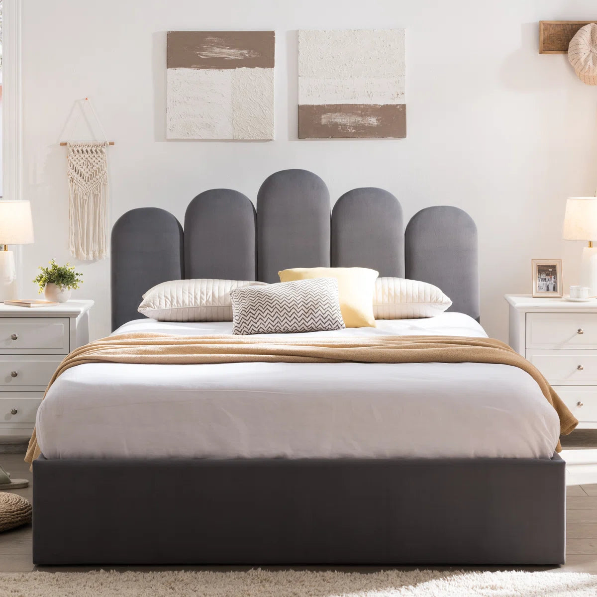 FRIENDS LIFE Velvet Palm shaped Headboard Full Bed Frame with Lift Up Storage, No Box Spring Needed, Gray