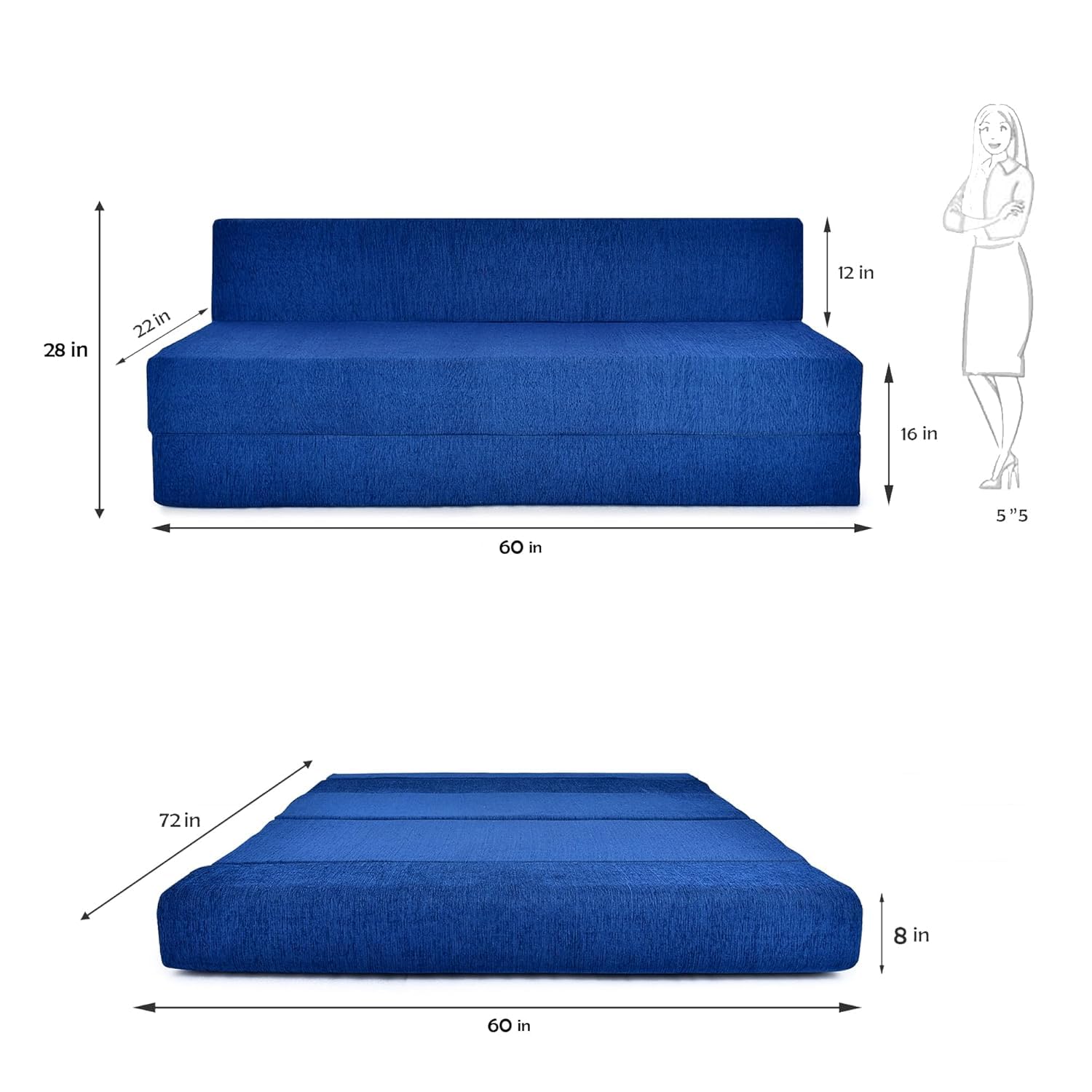 FRIENDS LIFE Sofa Bed 3 Seater5X6 Sofa Cum Bed for 3 Person 3 Seater Double Fold Out with 3 Pillow Blue