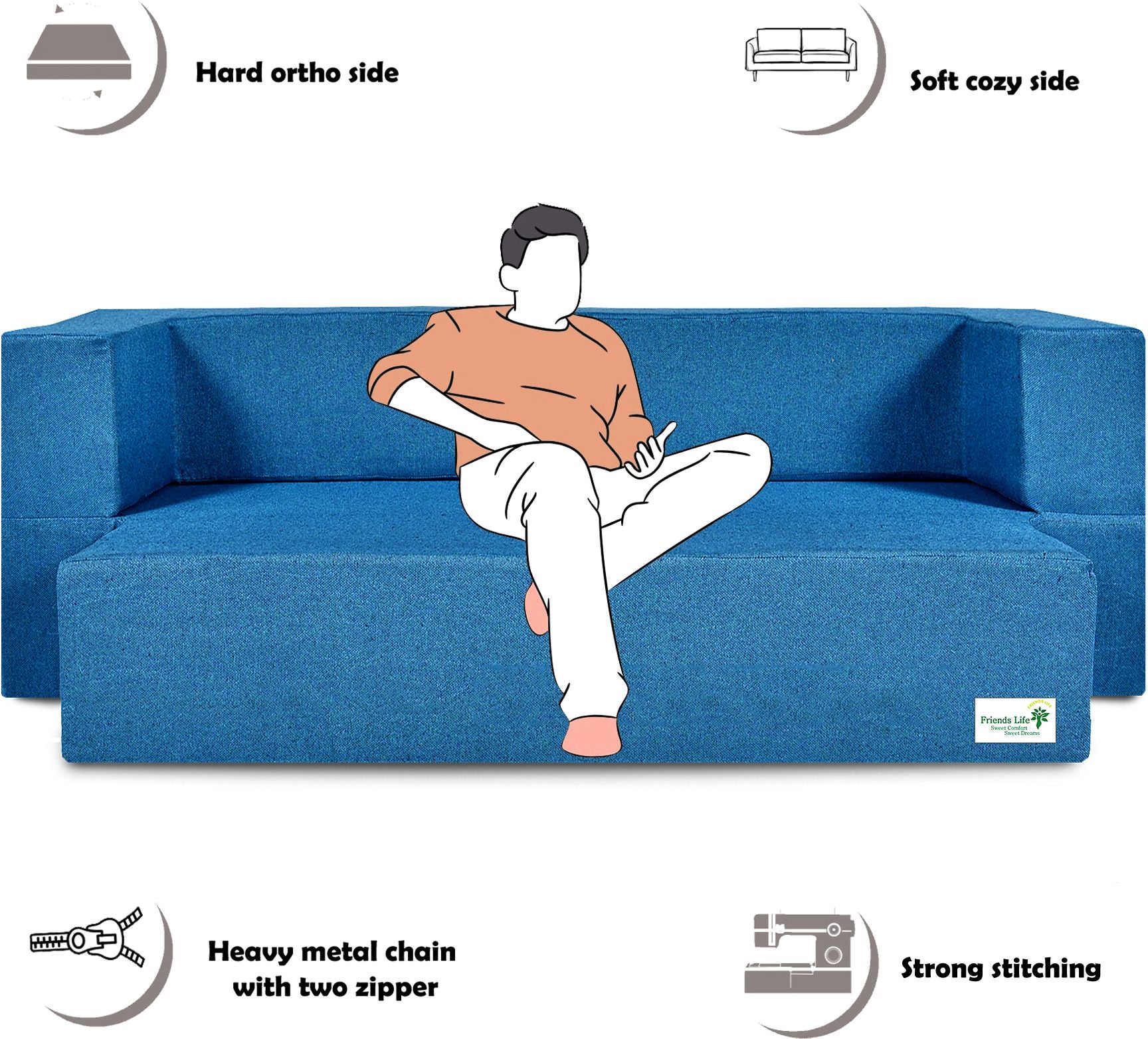 FRIENDS LIFE 4 Seater Sofa Cum Bed | 1 Years Warranty | Foldable Sofa Cuma Bed | 4 Pillow | Jute Finish Fabric, Blue Comfort for All Sofa Cum Bed for Living Room & Guests (N-CA11)