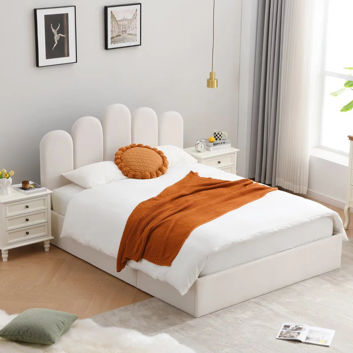 FRIENDS LIFE Velvet Palm shaped Headboard Full Bed Frame with Lift Up Storage, No Box Spring Needed, Cream