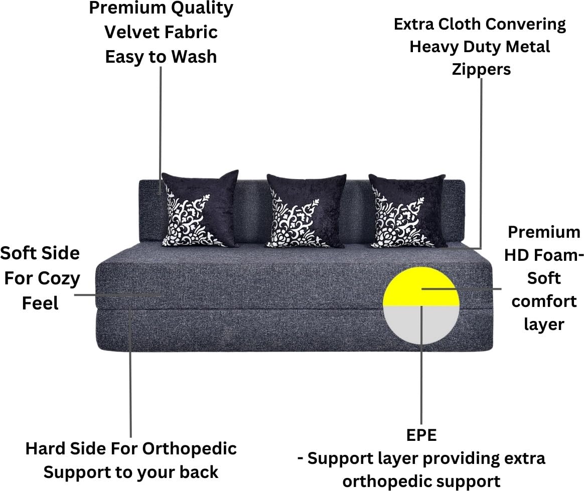 3 Seater Sofa Cum Bed | 1 Years Warranty | Foldable Sofacum Bed | 3 Pillow Jute Finish Fabric, Grey (5X6) inches Comfort for All Sofa Cum Bed for Living Room & Guests (N-FA037)
