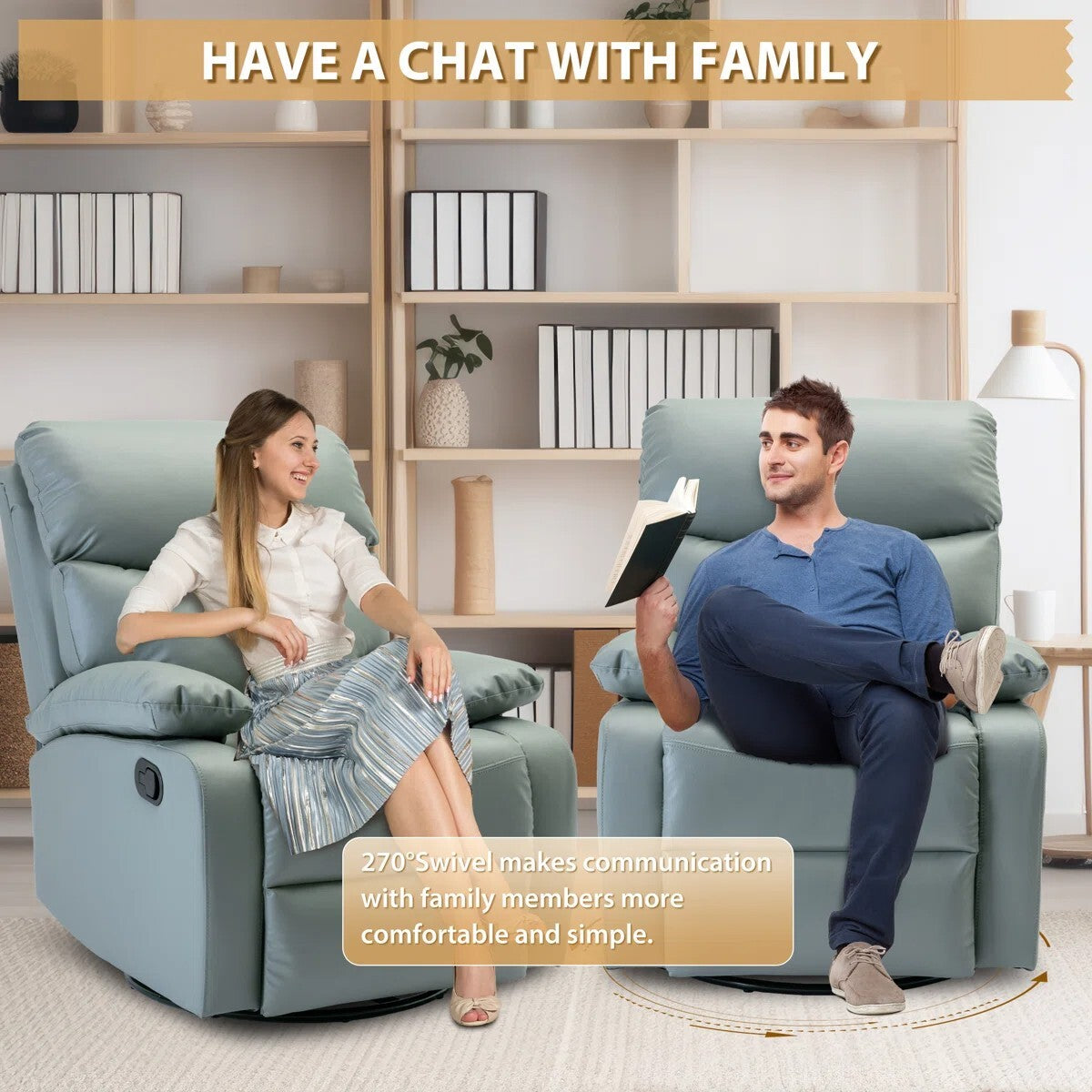 FRIENDS LIFE Cowhide Recliner Sofa 360° Swivel and 30° Rocking for Small Living Room,