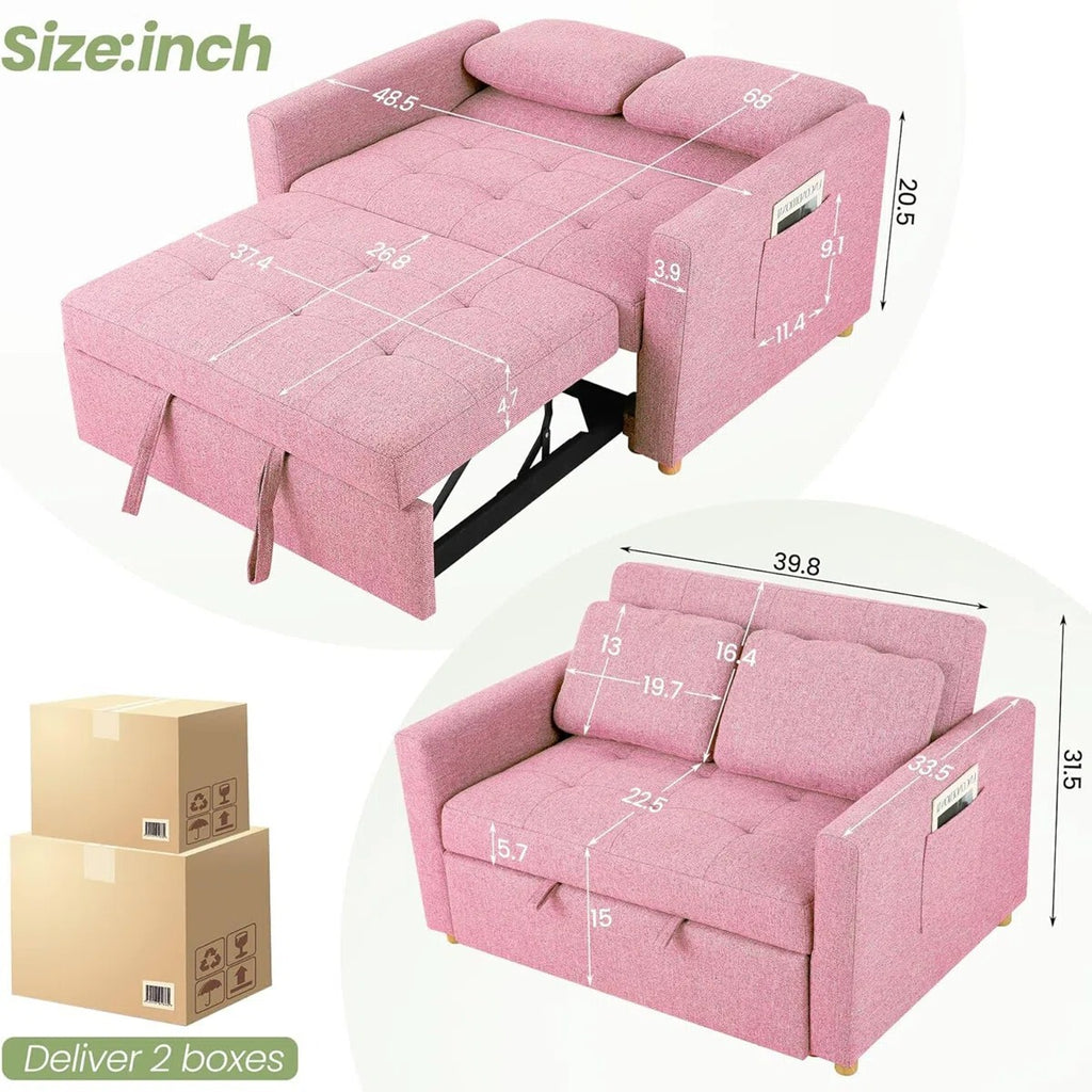 FRIENDS LIFE Dharius 48.5" Sofa Cumbeds 2 Seater Convertible 3 in 1 Upholstered Reclining Sleeper Sofa Cum Bed with Cushions Color Pink