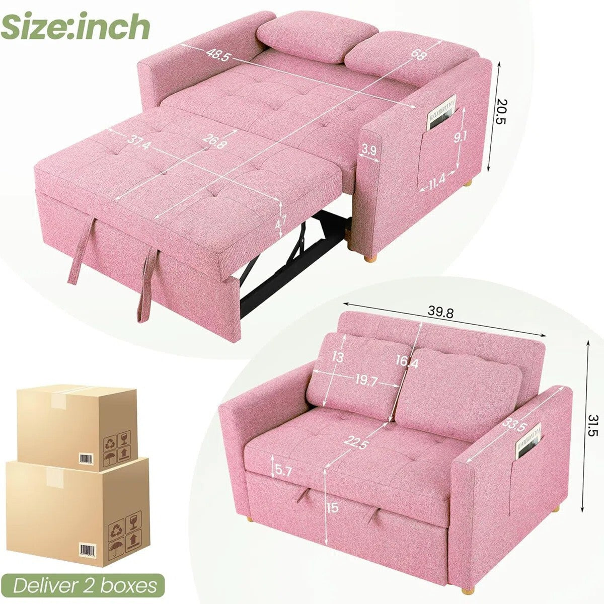 FRIENDS LIFE Dharius 48.5" Sofa Cumbeds 2 Seater Convertible 3 in 1 Upholstered Reclining Sleeper Sofa Cum Bed with Cushions Color Pink