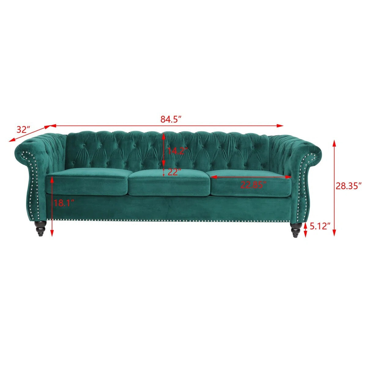 Adedapo Classic Tuxedo Design Sofa 3 Seater | Loveseat with Armrest, Cushions and Wood Legs – Green Living Room Sofa