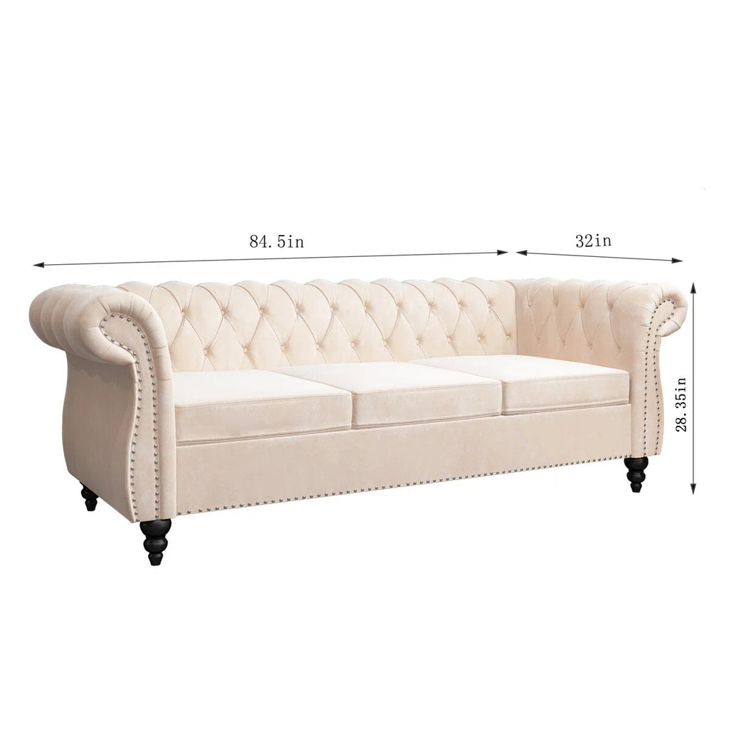 Adedapo Classic Tuxedo Design Sofa 3 Seater | Loveseat with Armrest, Cushions and Wood Legs – Beige Living Room Sofa