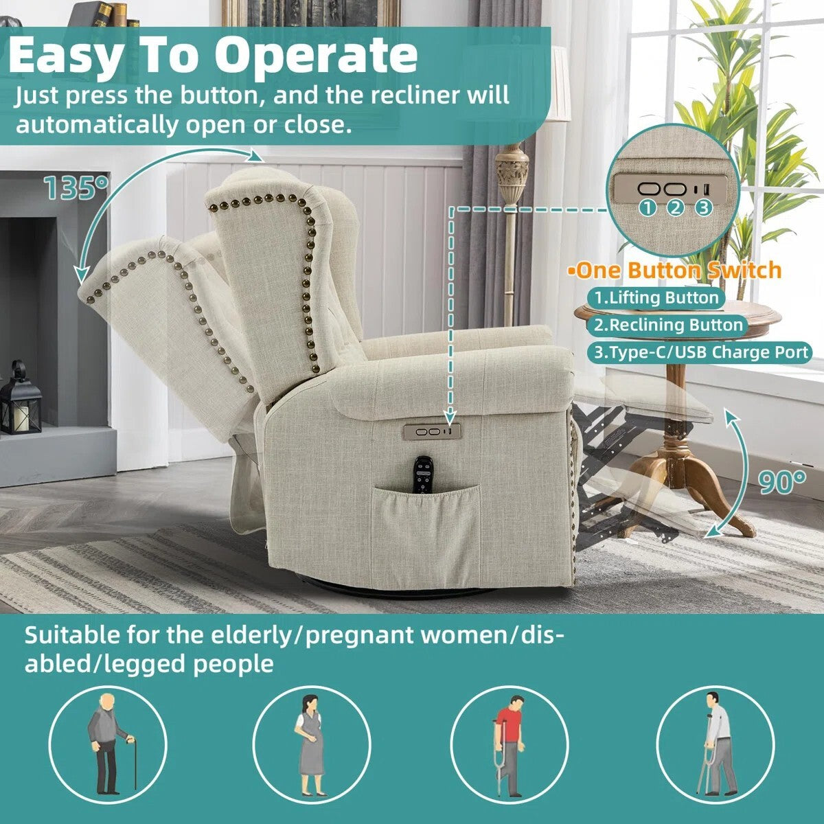 Recliner Sofa Chair | Plush Reclining Chair with Adjustable Backrest & Footrest | Premium Fabric