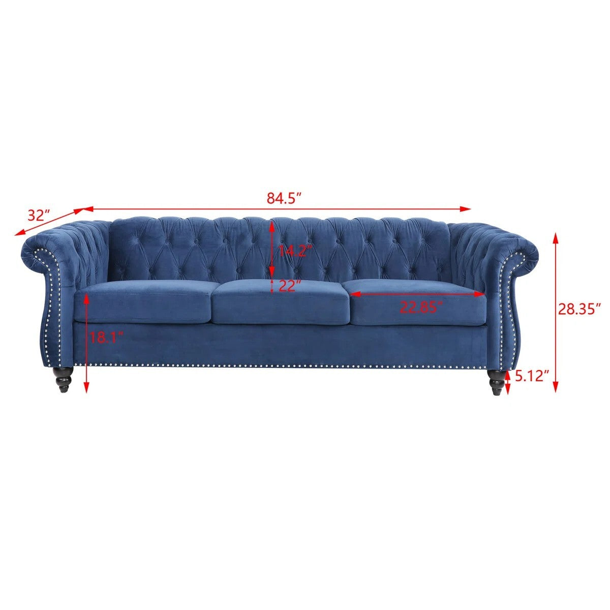 Adedapo Classic Tuxedo Design Sofa 3 Seater | Loveseat with Armrest, Cushions and Wood Legs – Blue Living Room Sofa