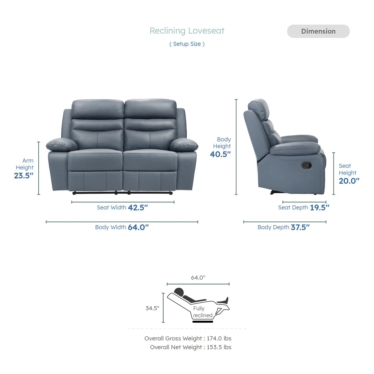 Loveseat Recliner Sofa 2 Seater Reclining Chair with Footrest Color Cream White (Blue)