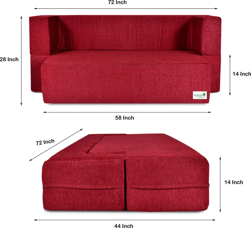 FRIENDS LIFE 4 Seater Sofa Cum Bed | 1 Years Warranty | Foldable Sofacum Bed | Jute Finish Fabric, Maroon Comfort for All Sofa Cum Bed for Living Room & Guests (N-FL4043)