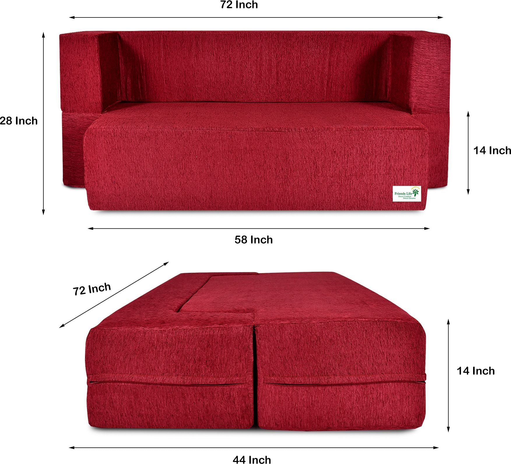 FRIENDS LIFE 4 Seater Sofa Cum Bed | 1 Years Warranty | Foldable Sofacum Bed | Jute Finish Fabric, Maroon Comfort for All Sofa Cum Bed for Living Room & Guests (N-FL4043)