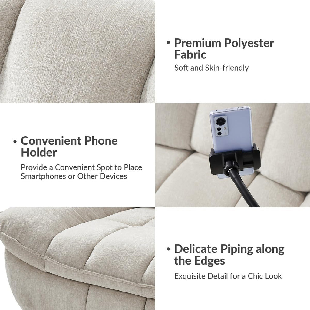 Jace Recliner Sofa 1 Seater 360° Swivel and Rock Modern Upholstered Manual Swivel and Rocker Recliner with Phone Holder Color Beige