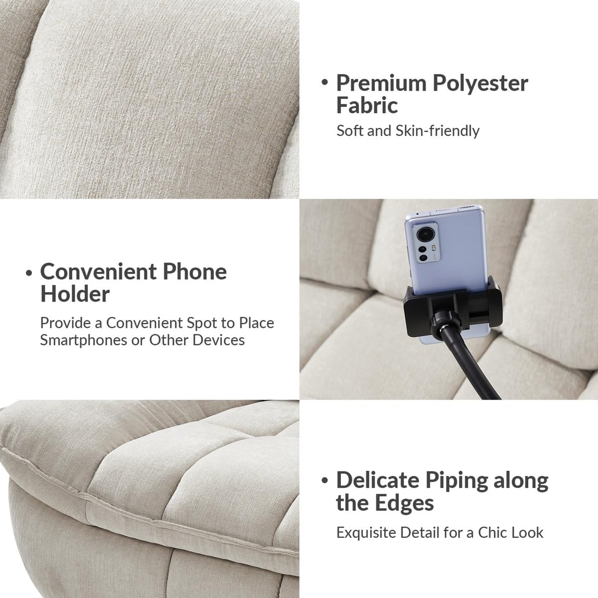 Jace Recliner Sofa 1 Seater 360° Swivel and Rock Modern Upholstered Manual Swivel and Rocker Recliner with Phone Holder Color Beige