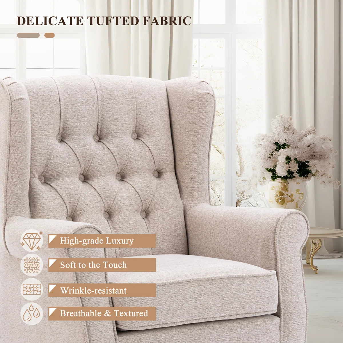 Button-Tufted Small Wingback Accent Chair with Rolled Arm and Thick Padded Cushion
